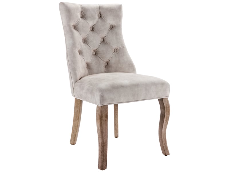  Lot de 4 chaises de salle à manger beige clair en velours, dossier haut capitonné, pieds en bois massif  - Conforama D
