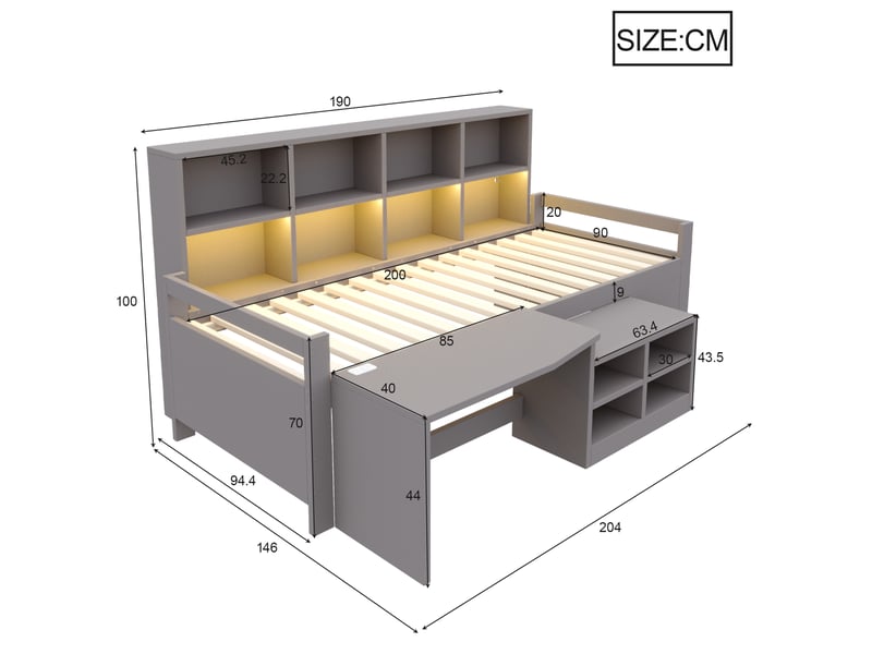  Lit enfant multifonctionnel 90x200 cm - lit simple avec rangement, bureau, étagères, led et prises - gris  - Conforama C