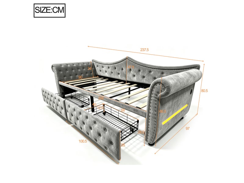  Lit banquette rembourré 90x200 cm gris led velours  - Conforama C