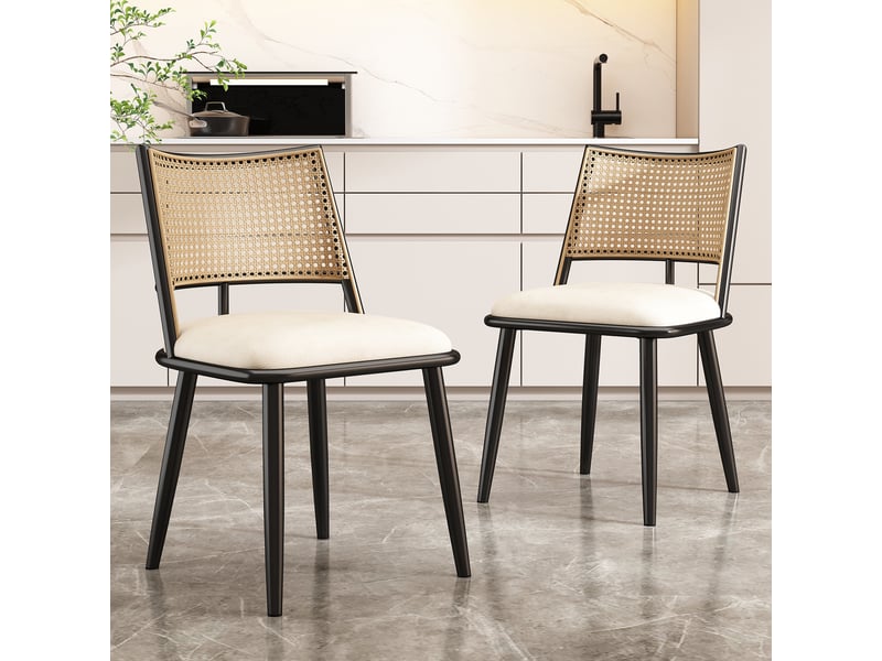  Chaises de salle à manger lot de 4 avec dossier en rotin et assise rembourrée  - pu et métal noir  - Conforama C