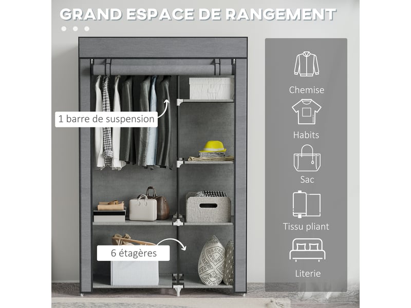  Armoire penderie multi-rangement - 6 étagères, 1 barre - non tissé gris  - Conforama E