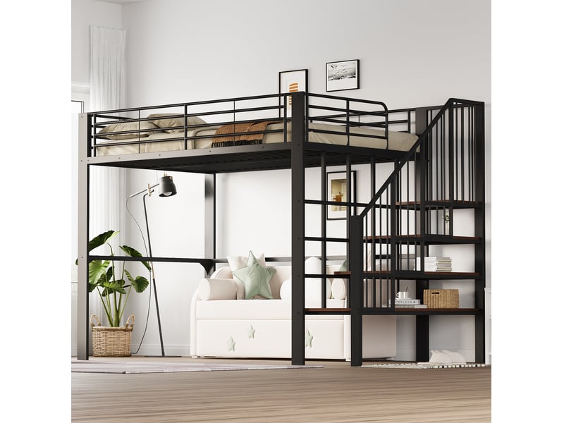  Lit mezzanine 140 x 200 cm en métal noir avec escalier et rangement sous le lit  - Conforama D