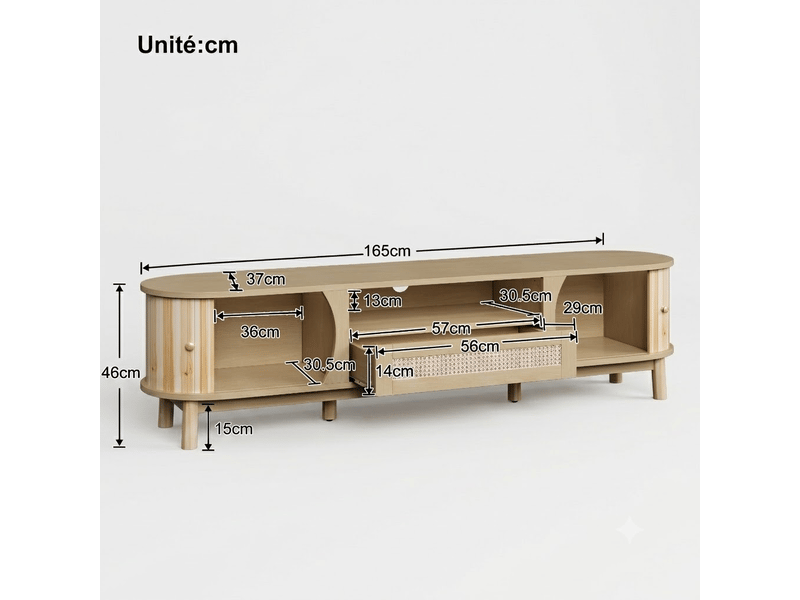 Meuble tv bas en mdf avec portes coulissantes et tiroir en rotin – naturel – 165 x 37 x 46 cm  - Conforama D