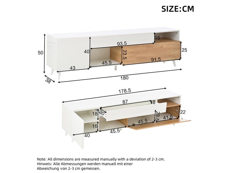  Meuble tv tcqpz 180 x 38 x 50 cm blanc et bois naturel avec tiroir, rangements multiples, pour tv jusqu'à 75 pouces  - Conforama C