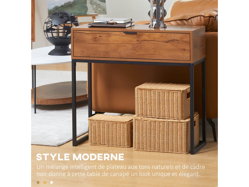  Console meuble, table console avec tiroir et pieds en acier, pour salon, entrée, couloir, marron, 80 x 30 x 76 cm  - Conforama D