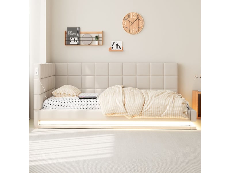  Lit gigogne 90x200, couchage convertible banquette lit, revêtement lin beige, sommier inclus, led multicolore, ports usb  - Conforama B