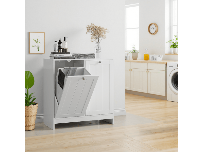 Meuble avec panier à linge 66x33x68 cm, armoire de stockage compacte avec compartiments séparés et poignées intégrées - Conforama E