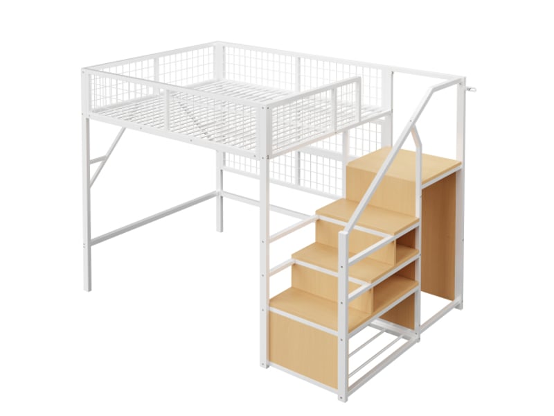  Lit mezzanine 140x200 avec escalier de rangement, penderie et ruban led intégré, cadre en métal robuste pour enfant et ado, blanc  - Conforama E