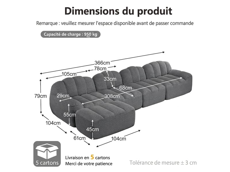 Canapé modulaire 4 places avec ottomane - assise profonde 366 x 165 cm, sans structure rigide - Conforama C