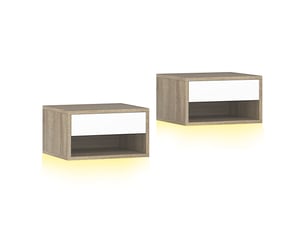 Lot de 2 tables de chevet suspendues avec éclairage led rgb contrôle par application, étagère, tiroir, teck, 37x32x21cm