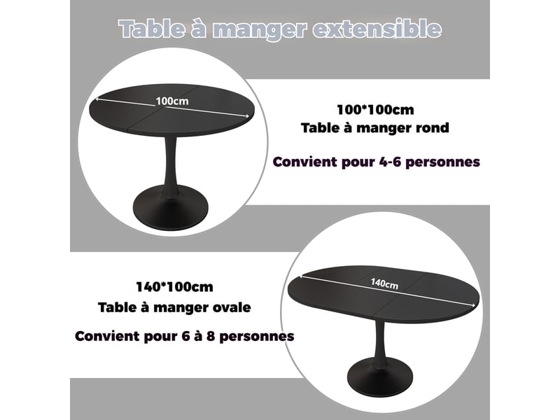  Table à manger extensible ovale 100-140 x 100 x 75 cm, coloris noir, style moderne Jamama eleni - Conforama D