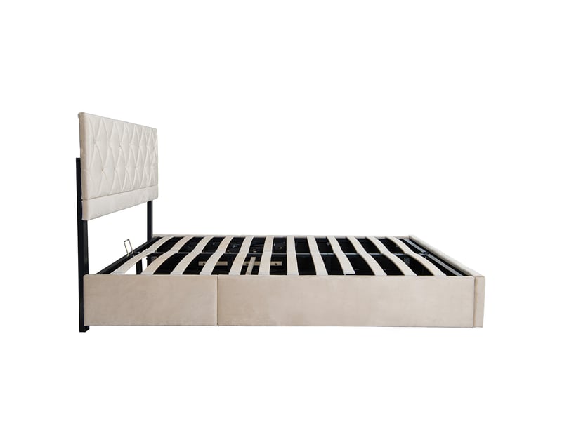  Lit adulte coffre 160x200 cm, tête de lit réglable, sommier, velours beige, sans matelas  - Conforama E