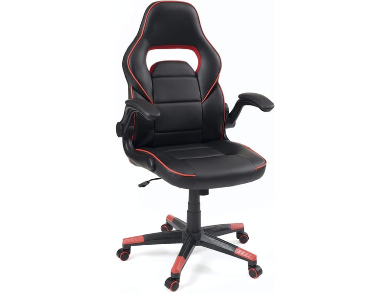  Chaise gamer baja en simili cuir noir et rouge avec accoudoirs amovibles et dossier basculant  - Conforama A