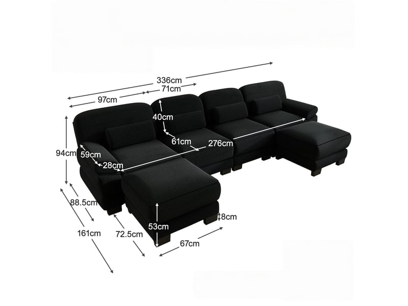  Canapé d’angle 4 places en u, avec 2 poufs, structure avec armature, assise spacieuse et profonde, velours côtelé doux, 336 × 161 × 94 cm, noir  - Conforama C