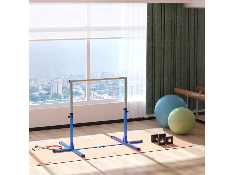  Barre de gymnastique enfant réglable 92 à 150 cm bleue, acier et hêtre, pour exercices jusqu'à 75 kg  - Conforama B