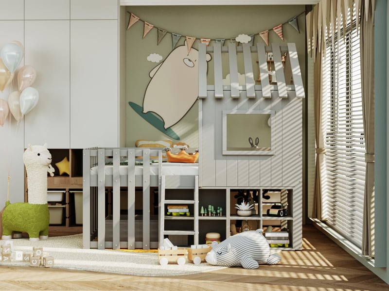  Lit cabane en forme de maison, 90x200 cm, avec fenêtre, espaces de rangement ouverts et échelle d'escalade, bois massif, gris  - Conforama B