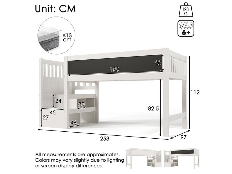  Lit mezzanine enfant blanc 90 x 200 cm avec escalier de rangement et tableau  - Conforama E