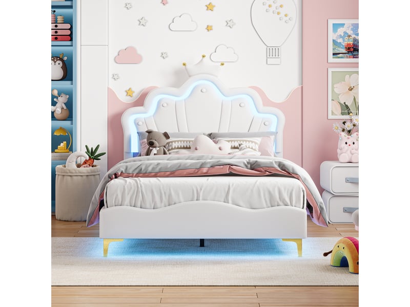 Lit princesse 140x190cm lit jeune avec tête de lit couronnée, éclairage led et sommier à lattes, rangement sous lit pour chambre de fille,sans matelas, pu,blanc - Conforama E