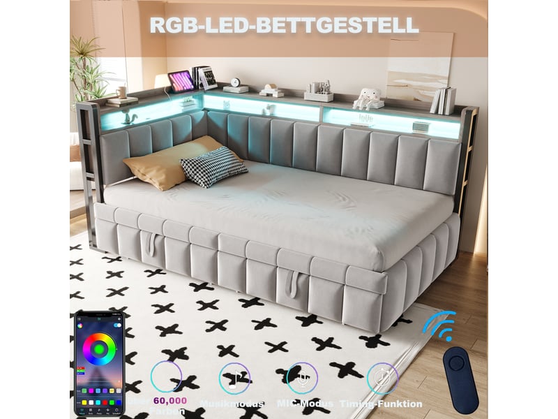 Canapé-lit convertible 90x200 cm, lit gigogne escamotable, led et ports usb-c, rangements, velours gris clair, sans matelas - Conforama D