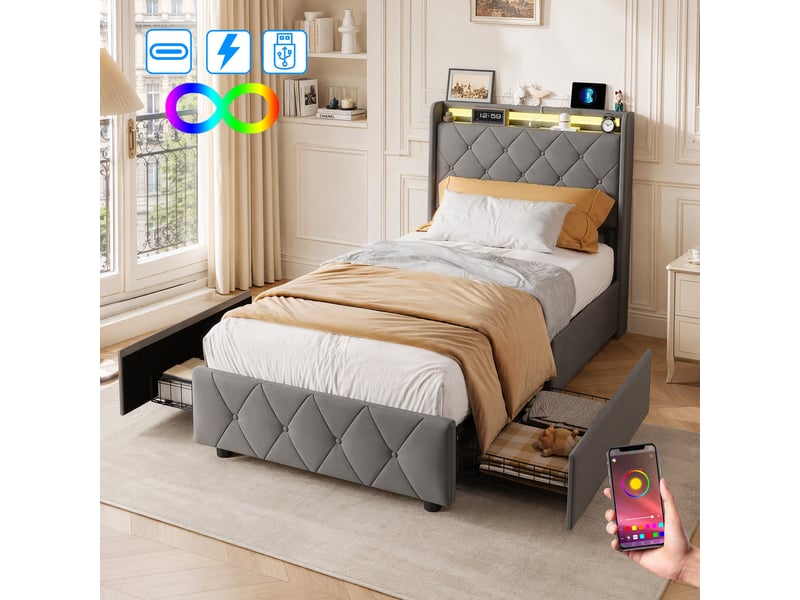  Lit simple rembourré 90x200 cm ,lit adulte avec led et 2 tiroirs ,ports usb ,tête de lit avec rangement ,velours ,gris  - Conforama B
