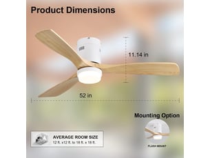 Ventilateur de plafond led 132 cm avec télécommande, 3 pales en bois massif, moteur dc réversible 6 vitesses pour salon
