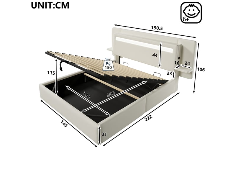  Lit coffre modenvie 140 x 200 cm avec rangement hydraulique, tête de lit led multicolore, table de chevet intégrée et usb, beige  - Conforama C