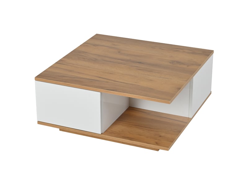 Table basse carrée 3 tiroirs, 70x70x31,5 cm, rangement, surface brillante, ouverture douce, panneau, blanc et noyer - Conforama E