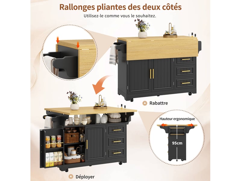 Desserte de cuisine 120x4080x95 cm, plan extensible, portes à motif vertical, 3 tiroirs, roulettes, mdf métal, noir - Conforama E