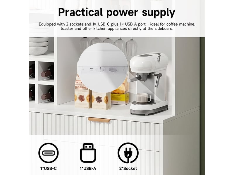  Buffet haut blanc 100 × 40 × 175 cm, 2 prises, usb-ausb-c, casier à bouteilles, façades cannelées, étagères réglables  - Conforama D