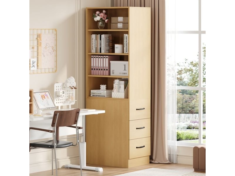 Bibliothèque extra étroite - 180 cm de hauteur - tiroirs latéraux intégrés - étagères réglables - chêne - 60x38x180 cm bois clair - Conforama C