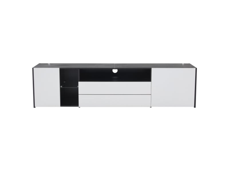  Meuble tv bas led brillant 180x40x45 cm – 2 tiroirs, 2 placards – écran jusqu’à 75 pouces – noir et blanc  - Conforama A