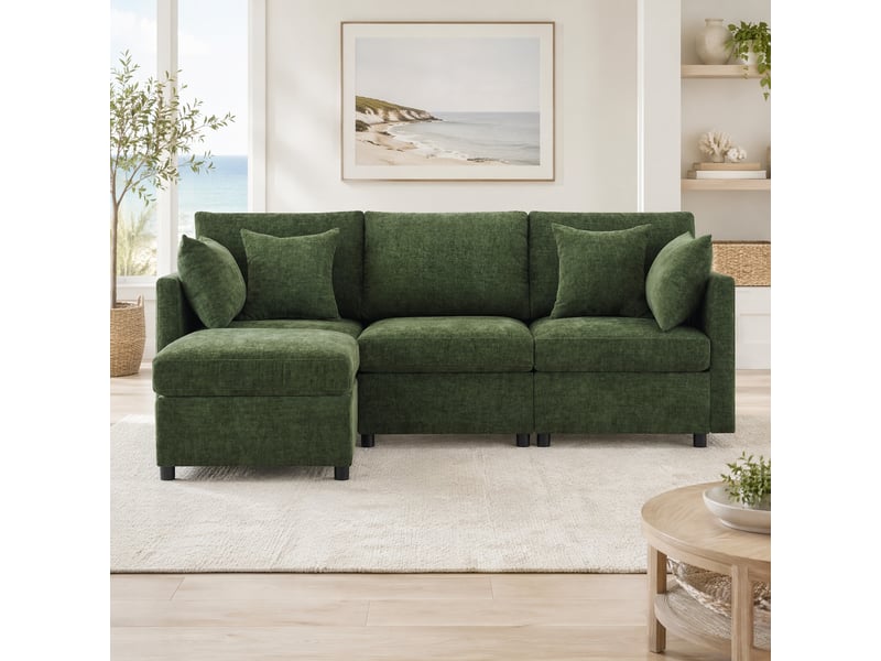  Canapé d'angle modulable convertible en 3 places avec pouf mobile et 4 coussins en chenille vert  - Conforama B
