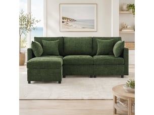 Canapé d'angle modulable en 3 places avec pouf mobile et 4 coussins en chenille vert