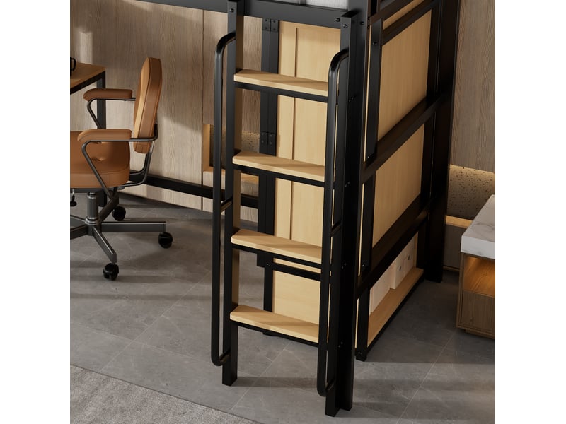  Lit mezzanine 204x95x168,5 cm avec armoire double porte et bureau, métal et mdf noir et naturel sans matelas  - Conforama E
