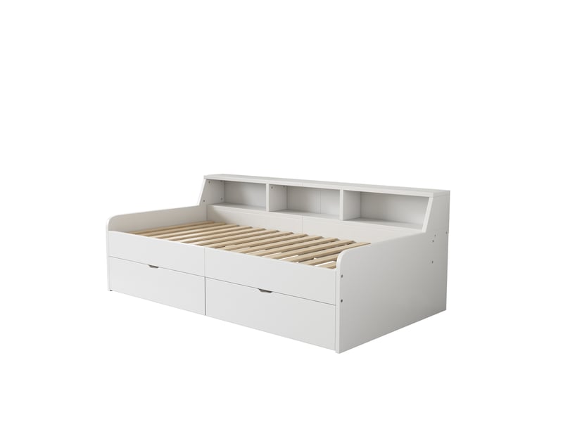  Lit enfant 90x200 cm, lit simple avec 2 tiroirs, 2 compartiments de rangement et sommier, pin, blanc, sans matelas  - Conforama E