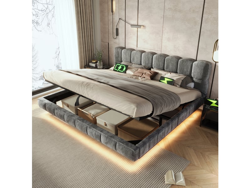  Lit double 180 × 200 cm coffre hydraulique led avec ports usb et type-c en chenille gris pour chambre 222 × 194 × 82 cm  - Conforama B