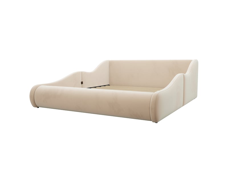  Lit enfant 90x200 capitonné beige - velours avec barrière de sécurité et tête de lit haute  - Conforama R