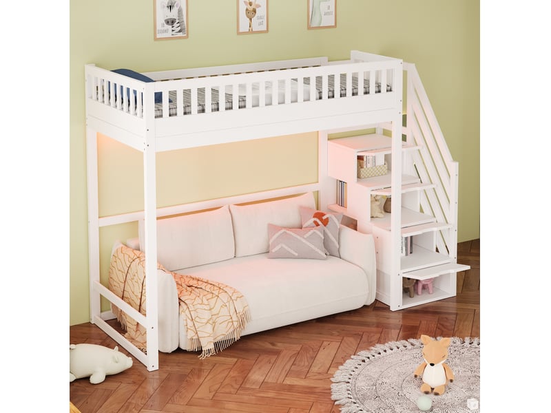  Lit mezzanine 90×200 cm avec rangements, led et échelle réversible, bois, blanc, sans matelas  - Conforama B