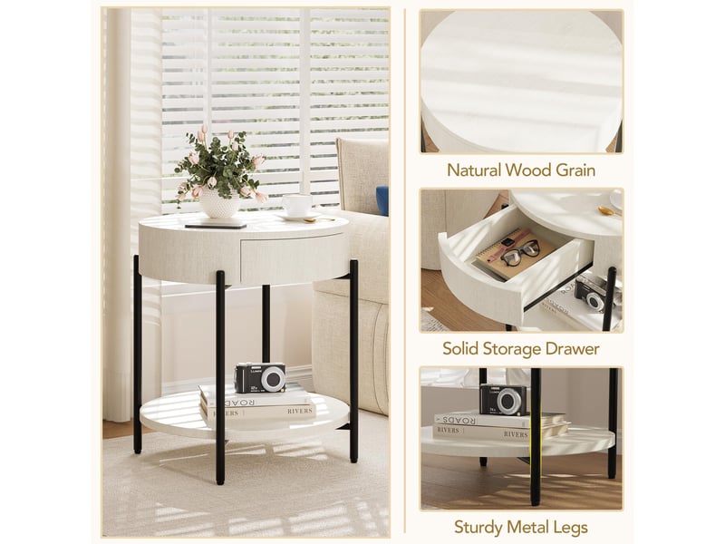  Table d'appoint ronde style ferme, tiroir rangement, bois vintage, pieds métal solides, idéale salon chambre, pratique élégante PHO_34Y6WPQM - Conforama E