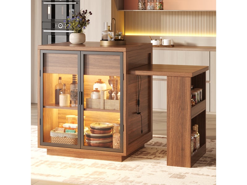  Îlot de cuisine extensible, 122 × 70 × 94 cm, 2 portes et 1 tiroir, mdf et métal, marron, rangement fonctionnel  - Conforama D