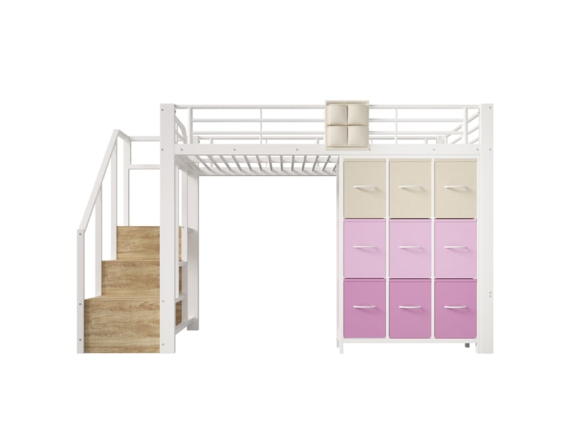 Lit mezzanine métal 140x200 cm blanc avec tiroirs, penderie et escalier rangement  - Conforama A
