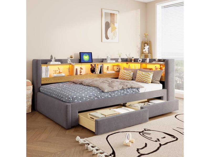  Lit banquette - 90x200 cm - 180x200 cm - forme l - convertible - lit gigogne - tiroirs de rangement - éclairage led - gris CozyNest - Conforama C