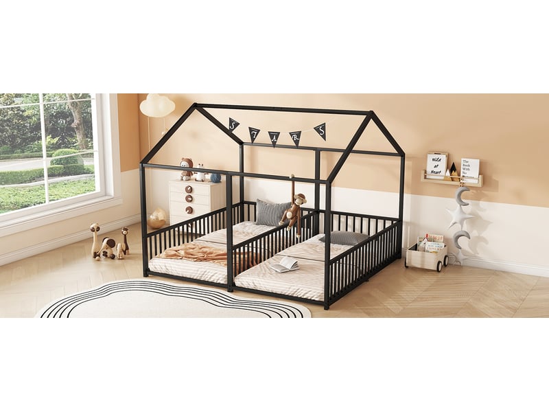  Lit cabane double 2 × 90 × 200 cm, barrières latérales, échelle, noir  - Conforama B