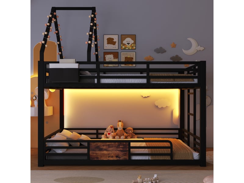  Lit mezzanine en métal 140x200 cm - avec led, poches de rangement en tissu - avec barrières de sécurité - noir (sans matelas)  - Conforama D