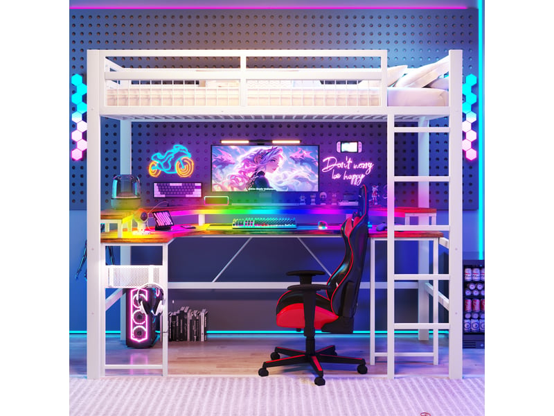  Lit mezzanine 90 x 200 cm sans matelas, structure métal, bureau, led, usb et type-c, prises, panneau perforé, blanc  - Conforama D