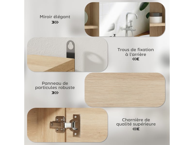  Meuble salle de bain avec miroir, placard à portes et 6 compartiments ouverts, 60 x 14,5 x 49,4 cm, bois naturel  - Conforama E