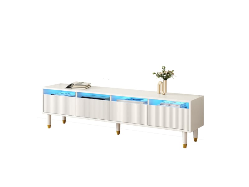  Meuble tv blanc, 2 tiroirs, 4 portes, rangement, éclairage led, design moderne, structure robuste - mdf - 110x50x40cm - salon  - Conforama C
