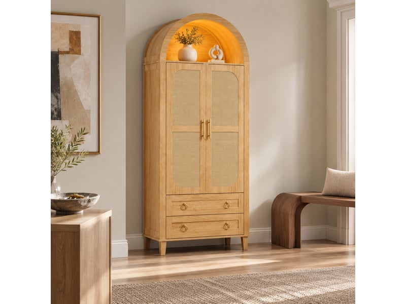  Armoire 76x50x184 cm à 2 portes et 2 tiroirs avec éclairage led, coloris naturel  - Conforama D