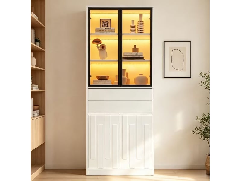  Vitrine haute 70 x 34 x 180 cm blanche en panneaux de particules, led bluetooth, 2 tiroirs et 4 portes  - Conforama B