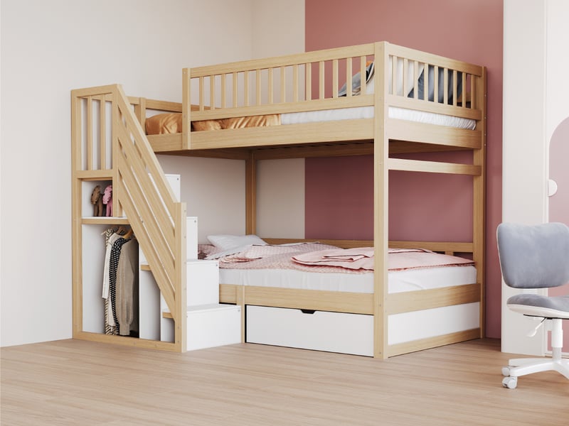 Lit superposé 90 x 200 cm, couchages superposés, escalier, tiroirs de rangement, sommier à lattes, pour la chambre, bois massif, bois naturel et blanc ABC - Conforama E